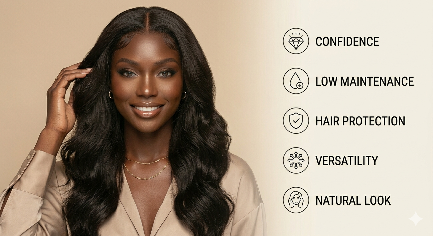 Black woman with a natural-looking closure wig and flawless hairline, representing the key benefits of closure wigs.