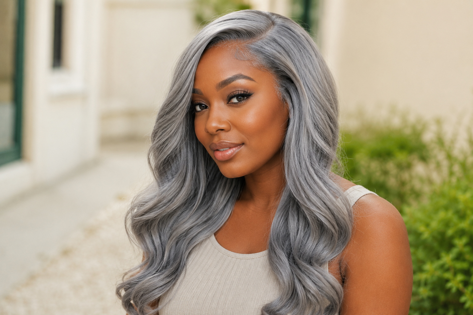 Black woman with seamlessly blended silver gray human hair weave extensions
