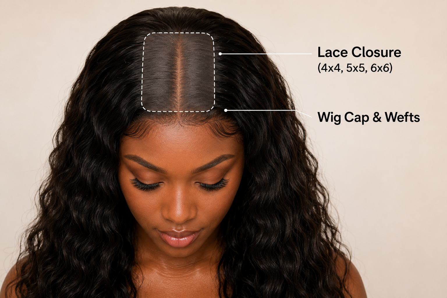 Close-up top view of a Black woman wearing a closure wig.