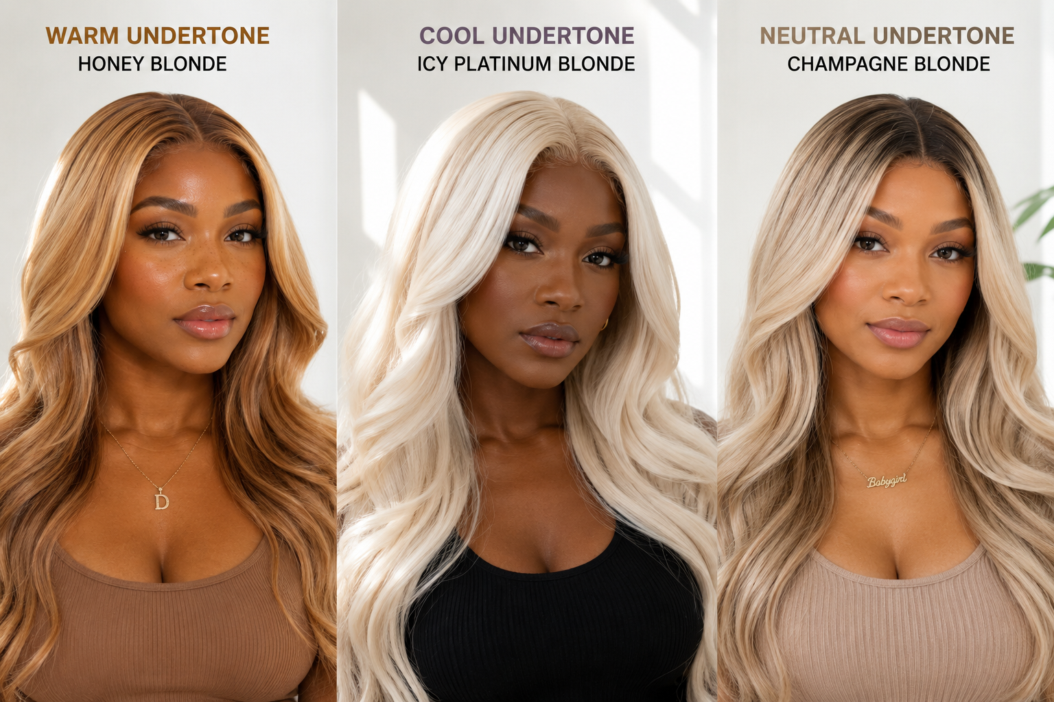 Comparison of warm, cool, and neutral skin undertones wearing the most flattering blonde wig shades