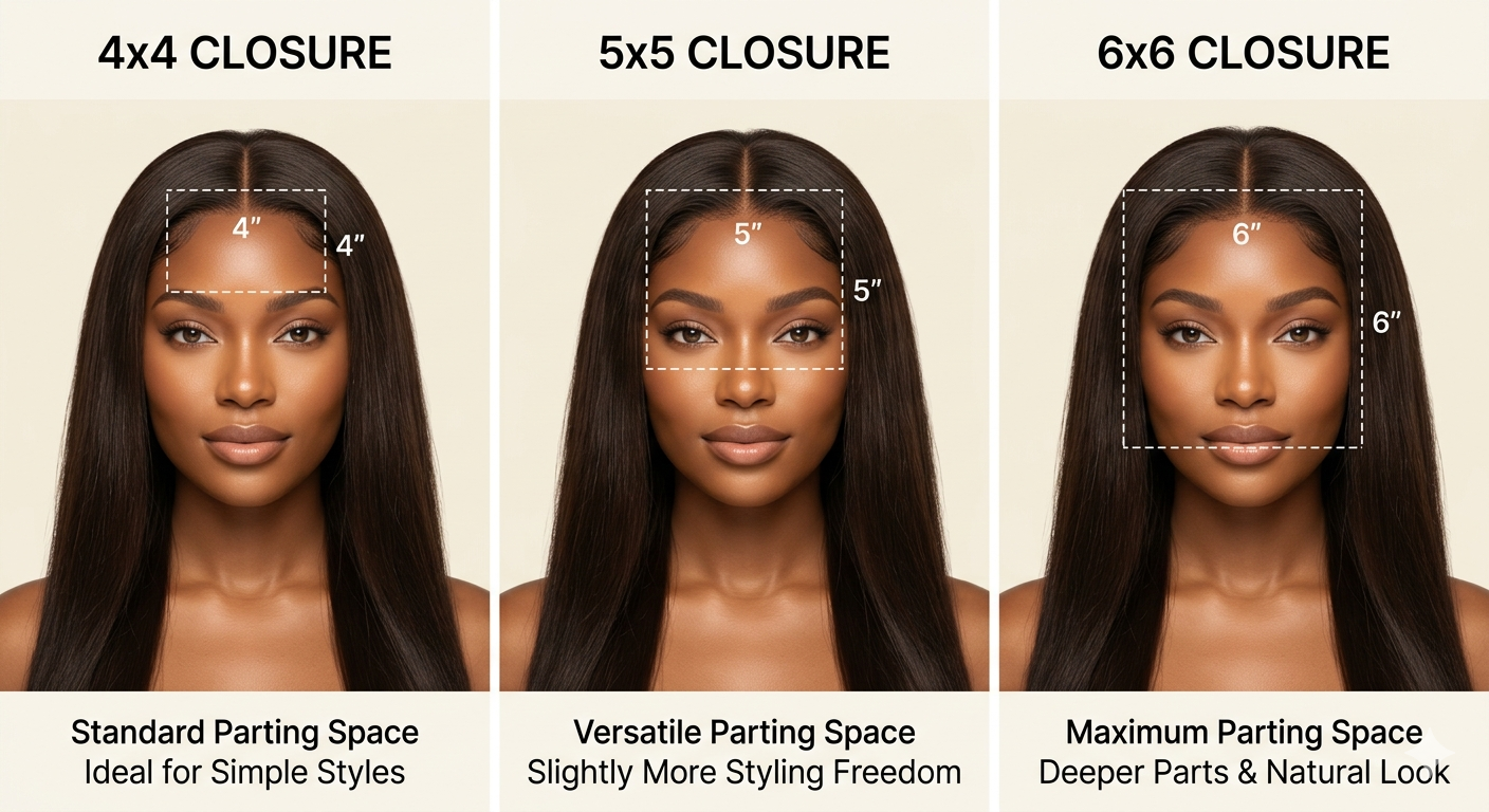 Comparison showing 4x4, 5x5, and 6x6 closure wig sizes on a Black woman to demonstrate differences in lace coverage and parting space.