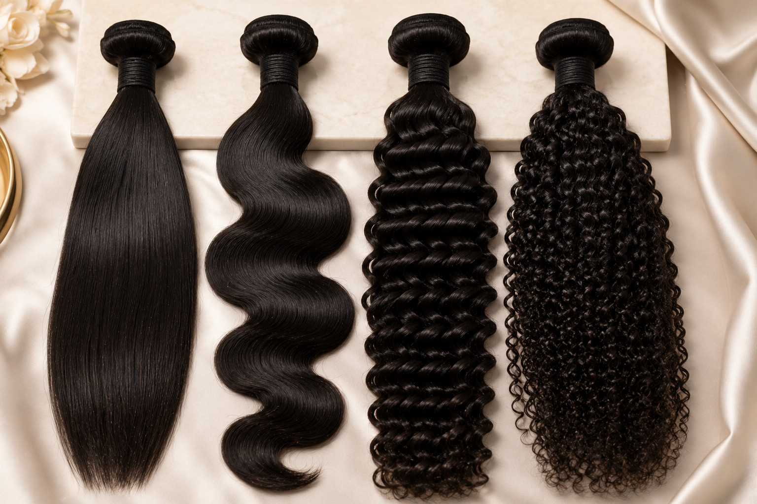 Different premium human hair bundle textures including straight, body wave, deep wave, and curly. Different premium human hair bundle textures including straight, body wave, deep wave, and curly.