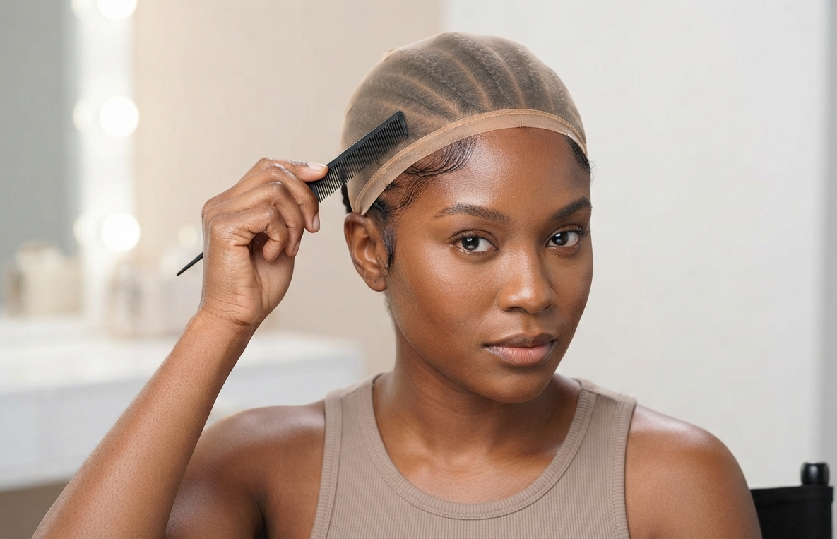 Flattened cornrows and wig cap preparation for a short lace front wig