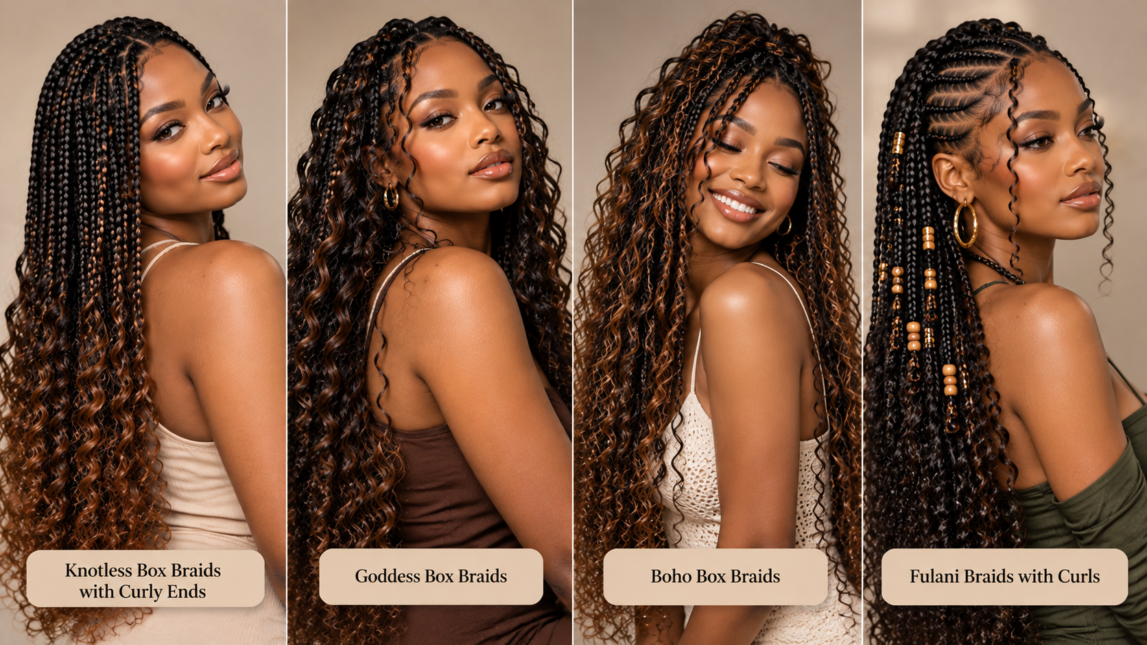 Four Black women showcasing knotless, goddess, boho, and Fulani curly braids