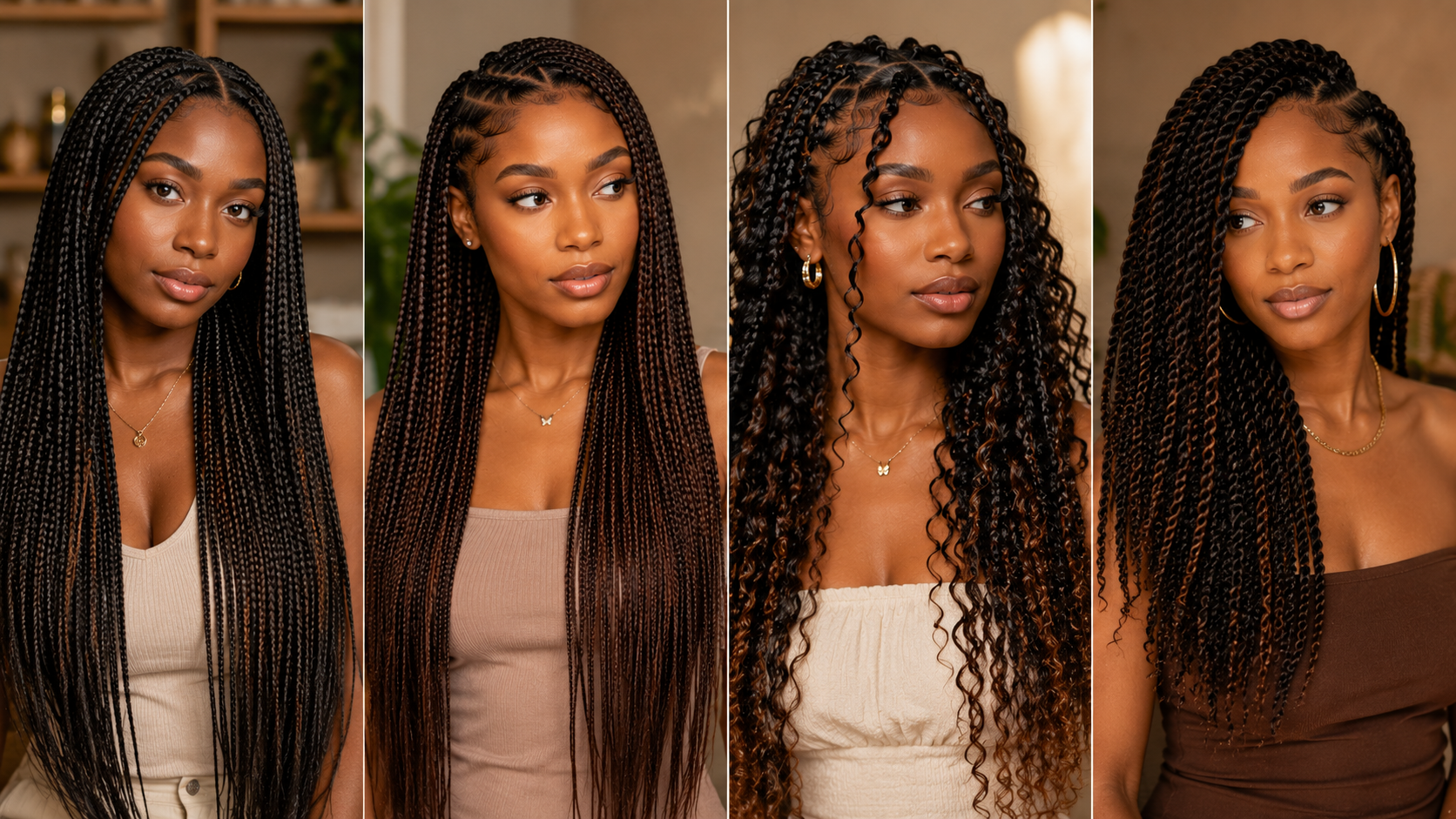 Four braided hairstyles including box braids, knotless braids, goddess braids, and Senegalese twists