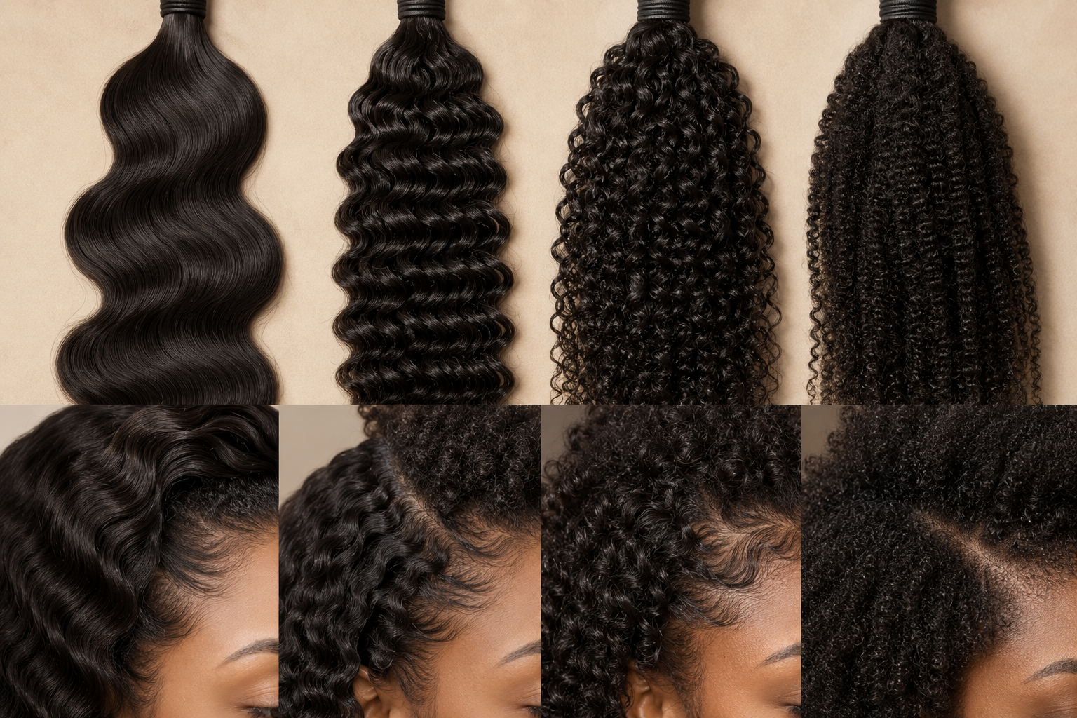 Human hair extension textures matched to wavy, curly, coily, and kinky natural hair Human hair extension textures matched to wavy, curly, coily, and kinky natural hair
