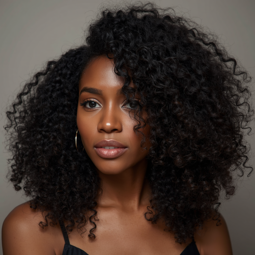 Model wearing voluminous curly hair bundles with natural textured curls Model wearing voluminous curly hair bundles with natural textured curls