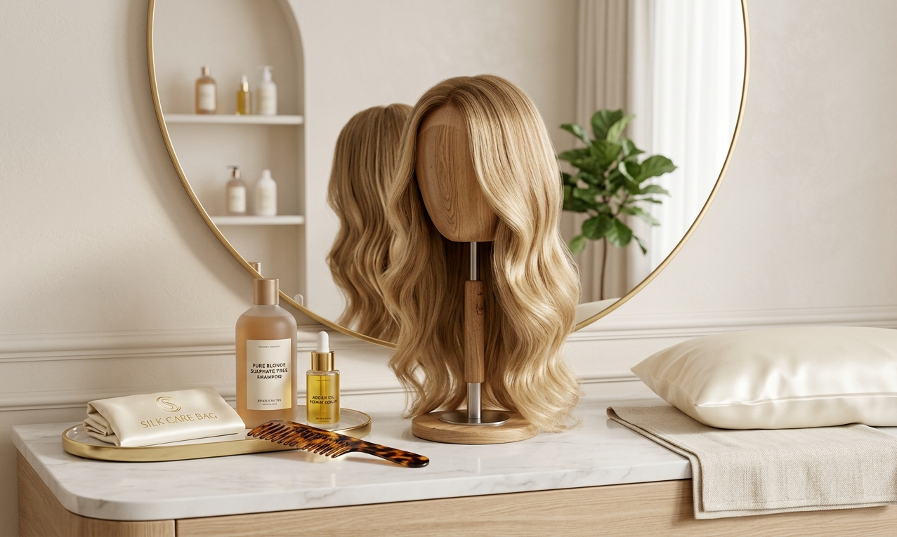 Premium blonde human hair wig with essential maintenance products for long-lasting color and shine. 