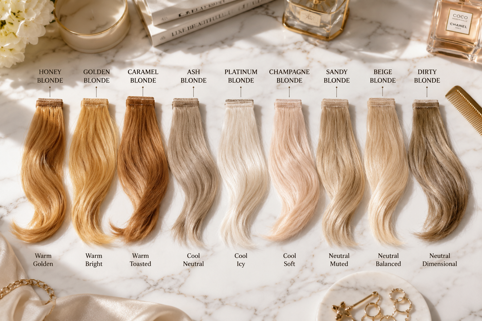 Premium blonde wig shade swatches showing warm, cool, and neutral blonde color options.