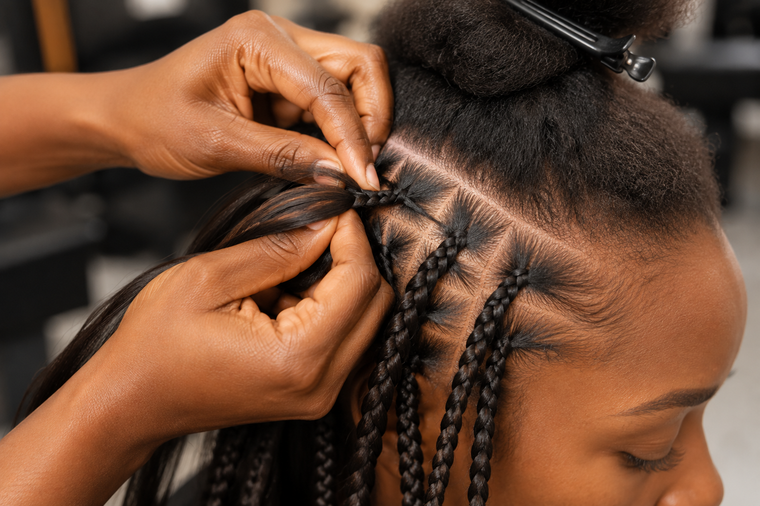 Stylist adding small sections of human hair using the feed-in technique for knotless braids Stylist adding small sections of human hair using the feed-in technique for knotless braids