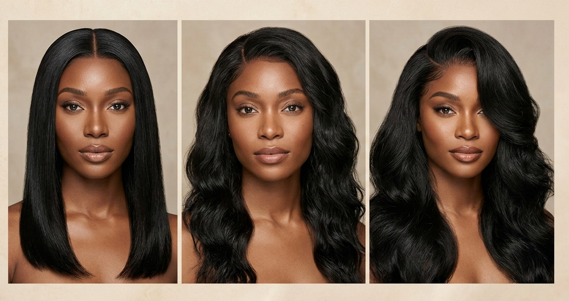 Three Black women modeling center, moderate side, and deep side parts with closure wigs Three Black women modeling center, moderate side, and deep side parts with closure wigs
