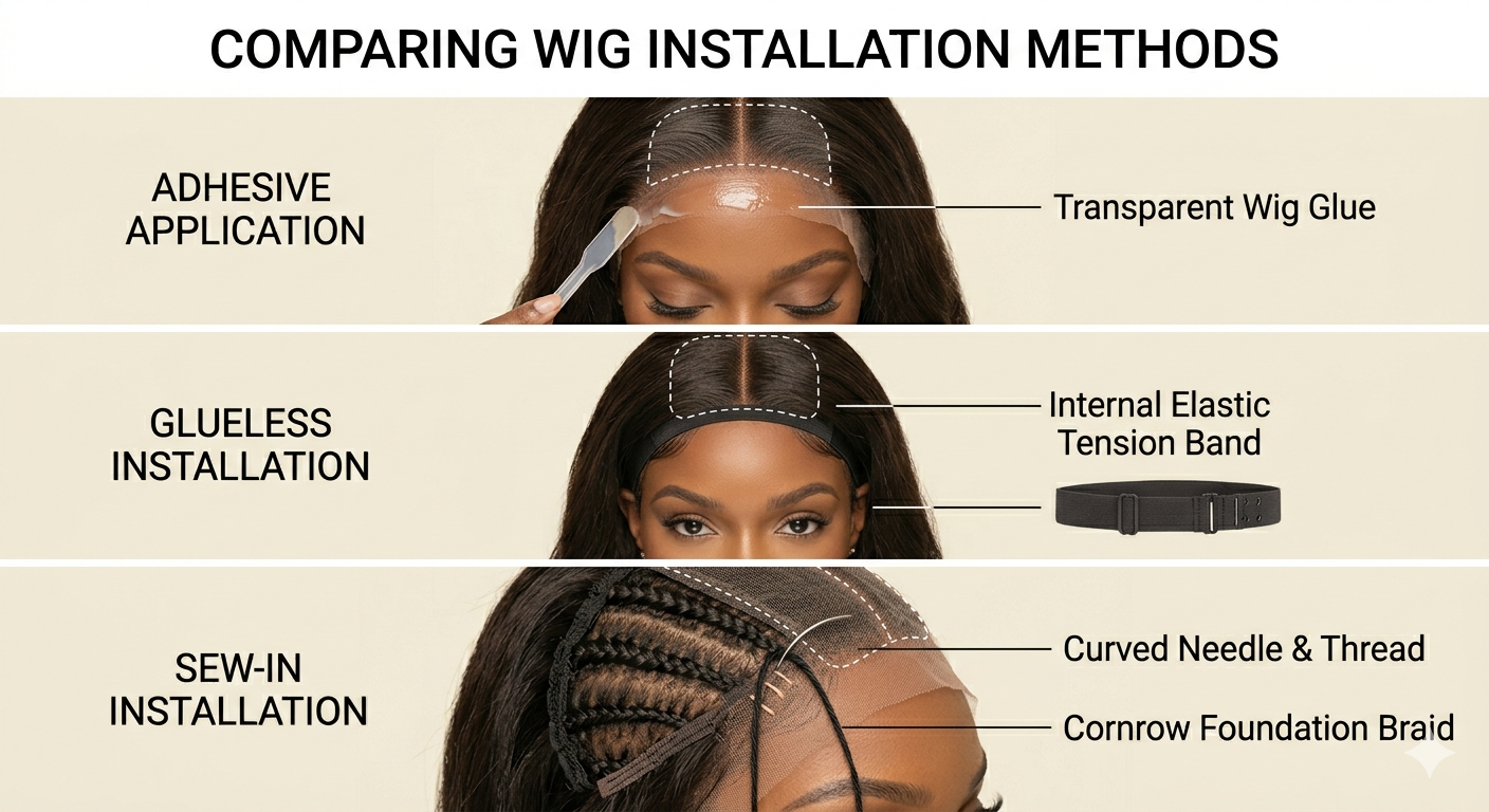 Three installation methods for closure wigs adhesive glueless and sew in on a black woman.