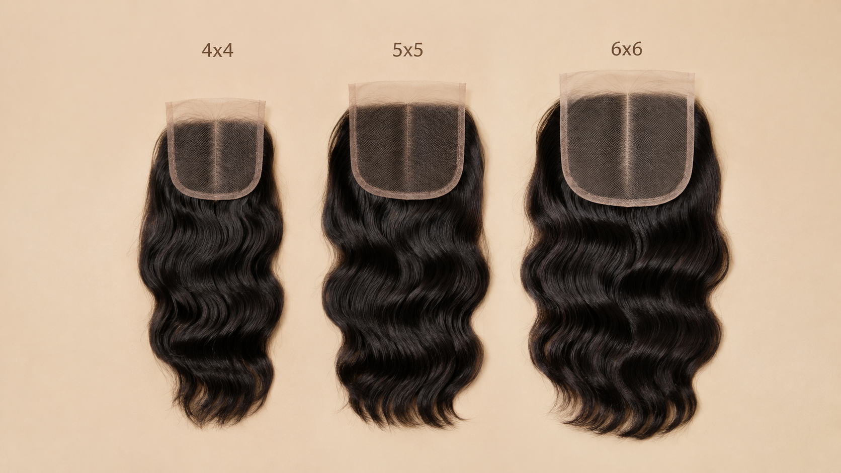 Comparison of 4x4, 5x5, and 6x6 HD lace closure sizes Comparison of 4x4, 5x5, and 6x6 HD lace closure sizes