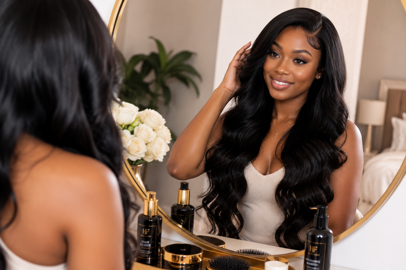 Woman wearing premium human hair extensions that can be reused for multiple installs. Woman wearing premium human hair extensions that can be reused for multiple installs.